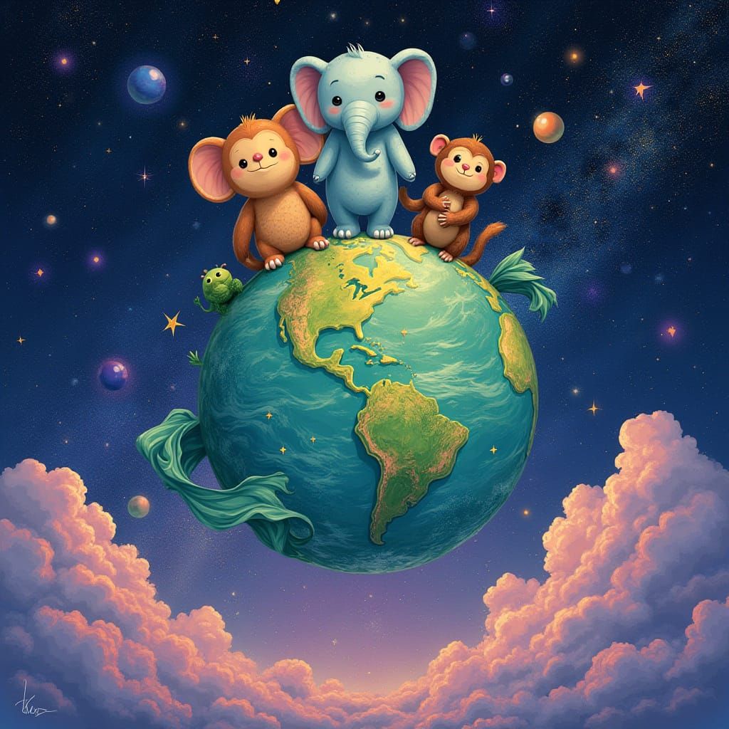 Diverse Animals Unite on a Glowing Earth in Vibrant, Whimsic...