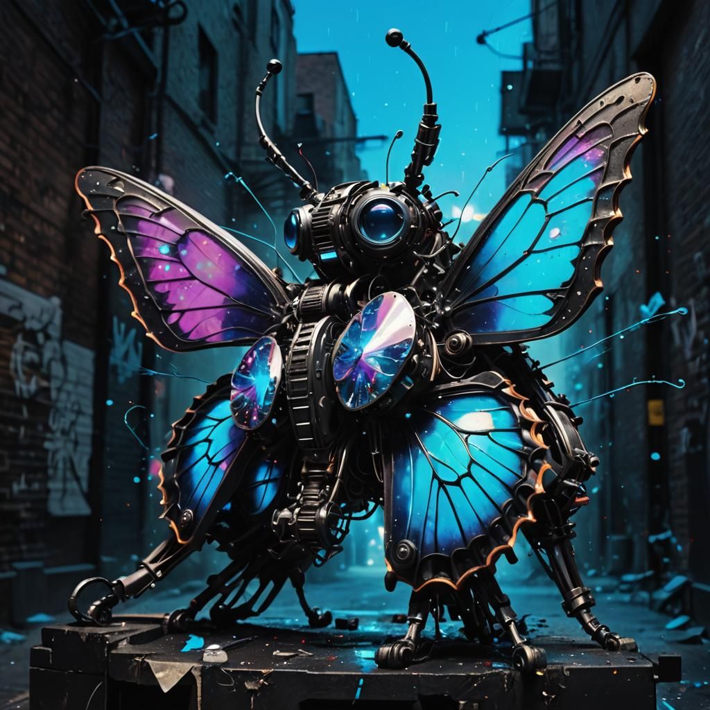 Mechanical Butterfly Graffiti in a Cyberpunk Alley