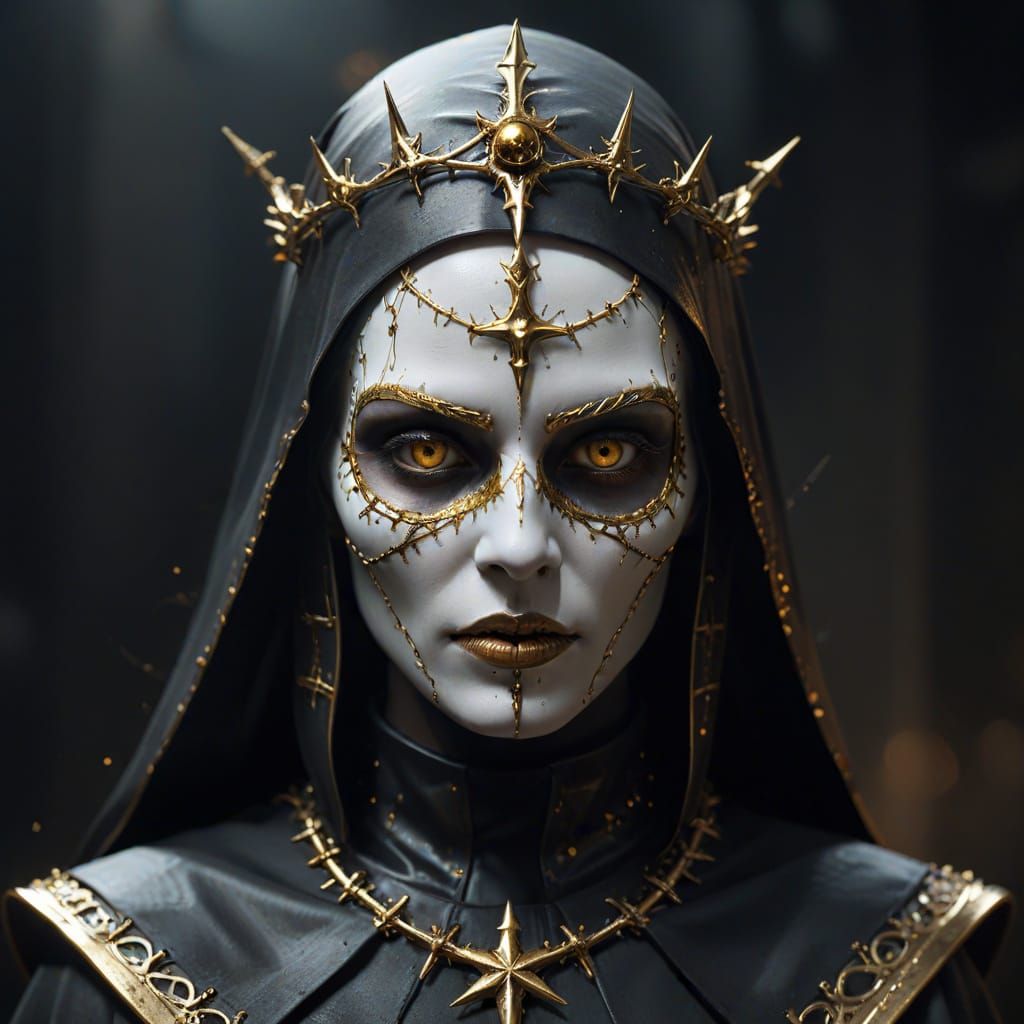 Futuristic Nun Portrait with Gold Skull Mask
