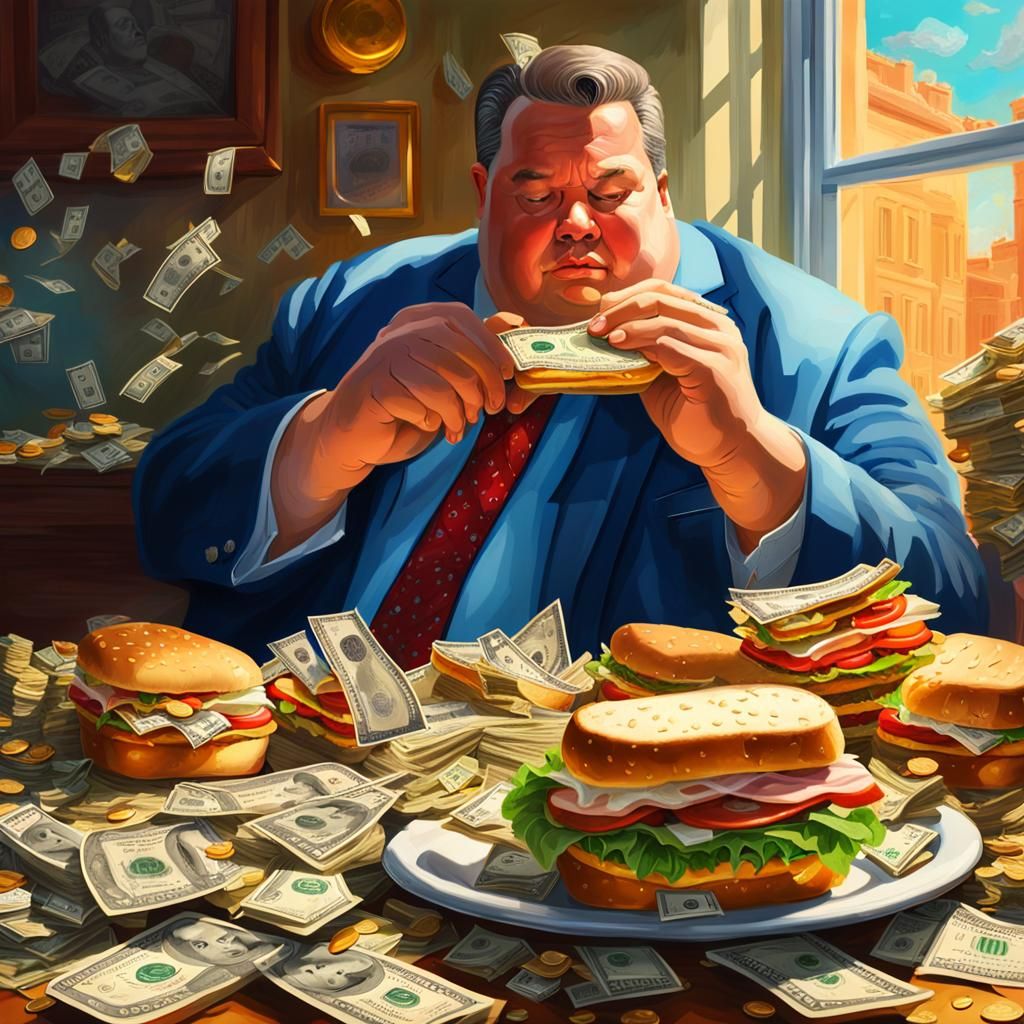 Rich Man's Money Sandwich: Hyperrealistic Oil Painting