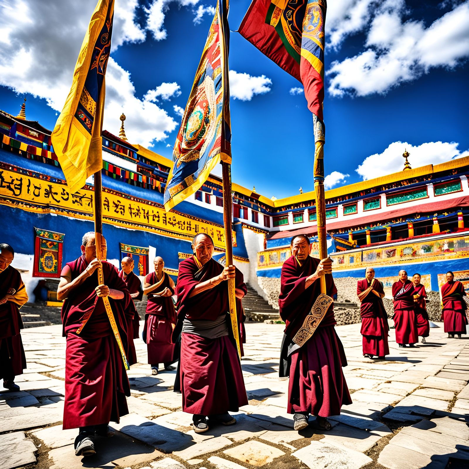 Tibetan Buddhists waving prayer flags outside Drepung Monastery