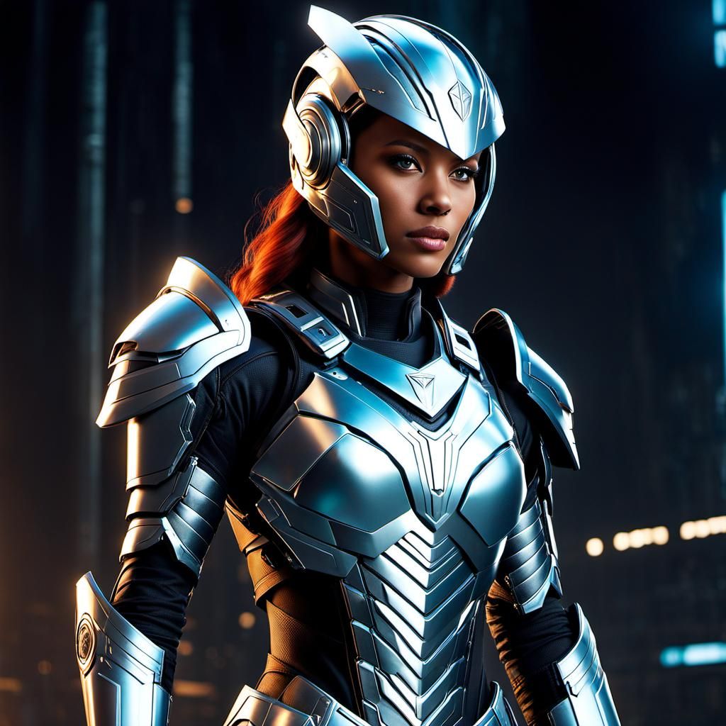 Futuristic War Goddess Portrait in High-Tech Armor