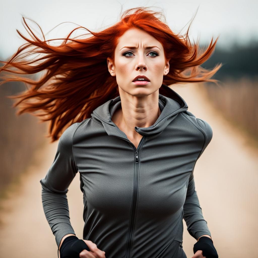 Running Woman with Long Red Hair