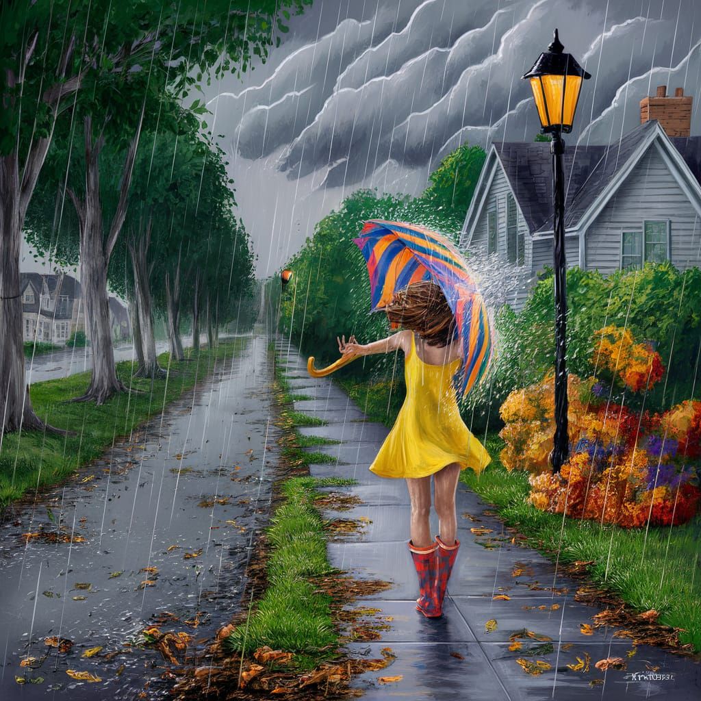 Woman in Yellow Dress Caught in Storm