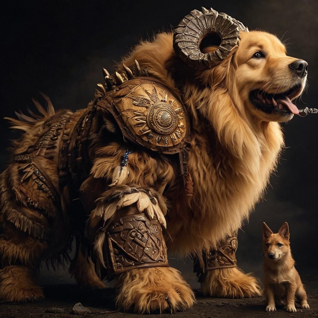 Ominous Golden Retriever Barbarian in Darkness