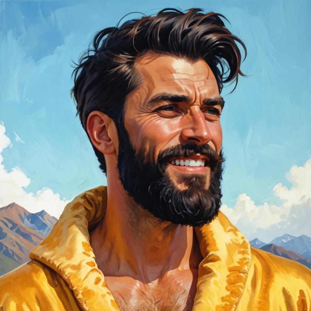 Bearded Man in Gouache Style Golden Robe Portrait