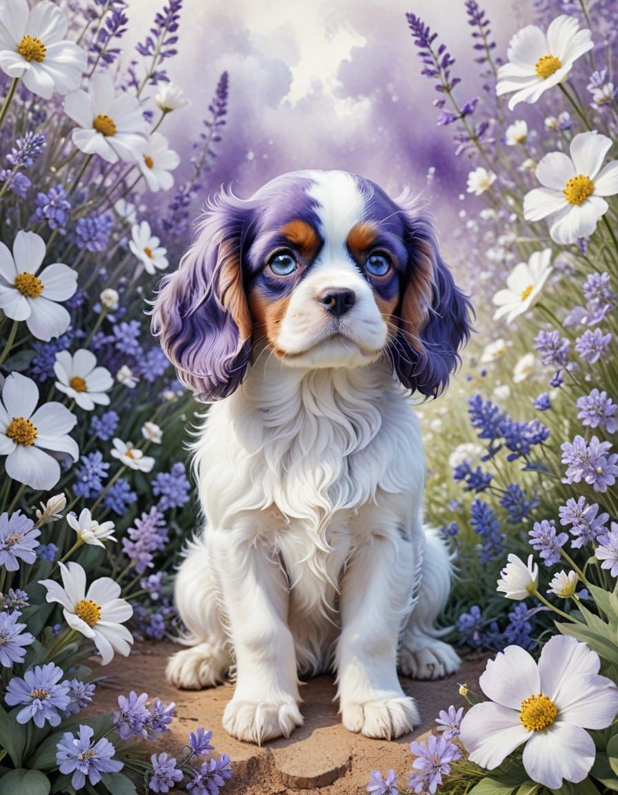 King Charles Puppy in Floral Watercolor Dream