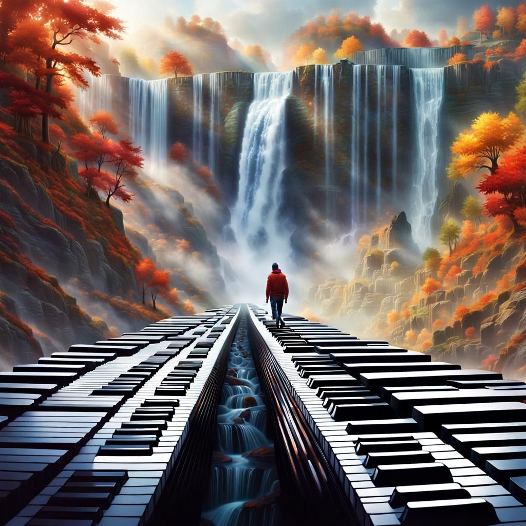 Man Walks Piano Key Road: Digital Illustration