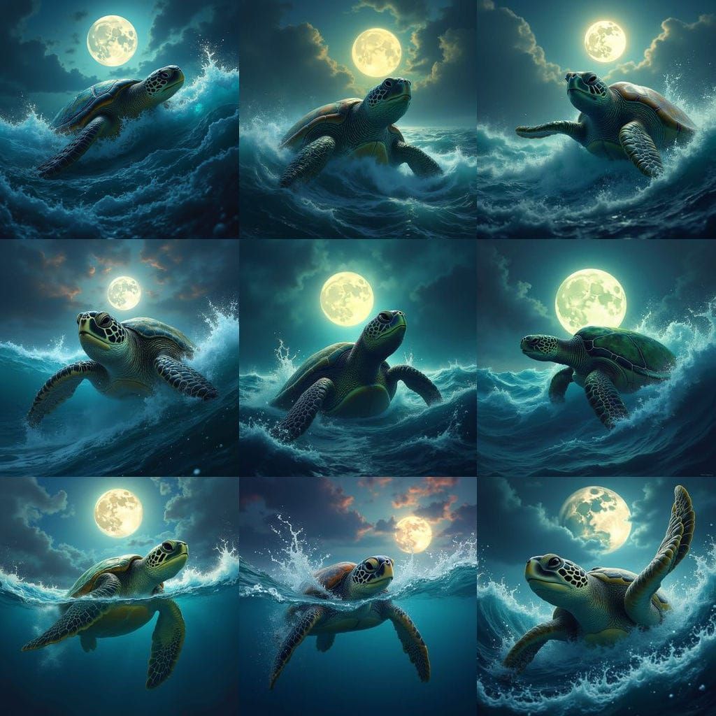 Green Sea Turtle Surfaces in Stormy Ocean Under Full Moon
