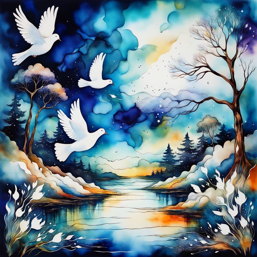 Whispers of Wonder: White Doves Soar Through Enchanted Skies