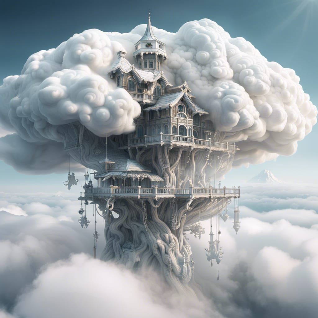 Ethereal Cloud Treehouse on Mountain Peak