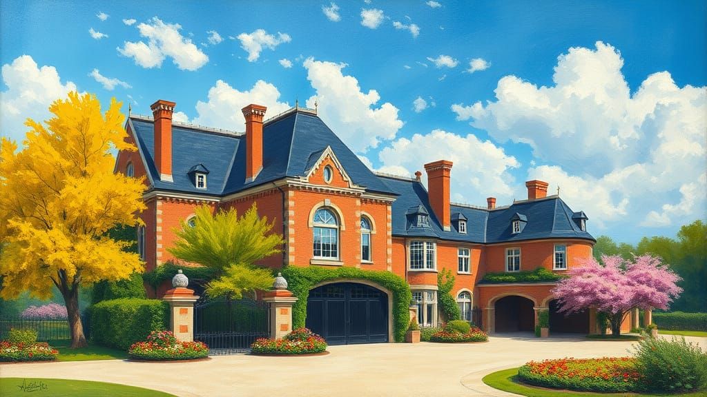 Elegant Chateau with Vibrant Garden in Impressionist Style