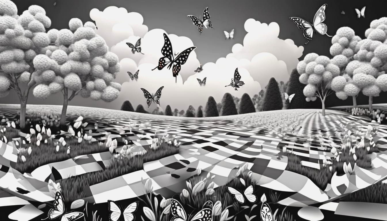 Gingham Landscape with Colorful Butterflies in 3D Style