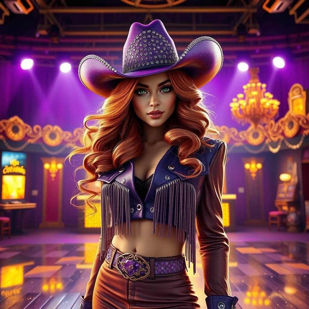 A fiery-haired cowgirl with voluminous waves wears a rhinestone-studded purple and silver cowboy hat. Her cropped jacket...