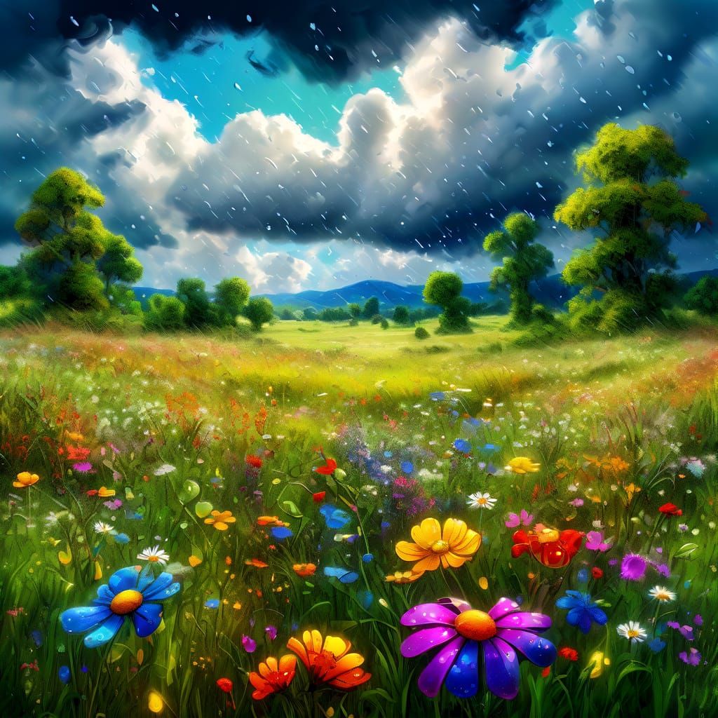 Rainy Summer Meadow: A Hyperdetailed Digital Painting
