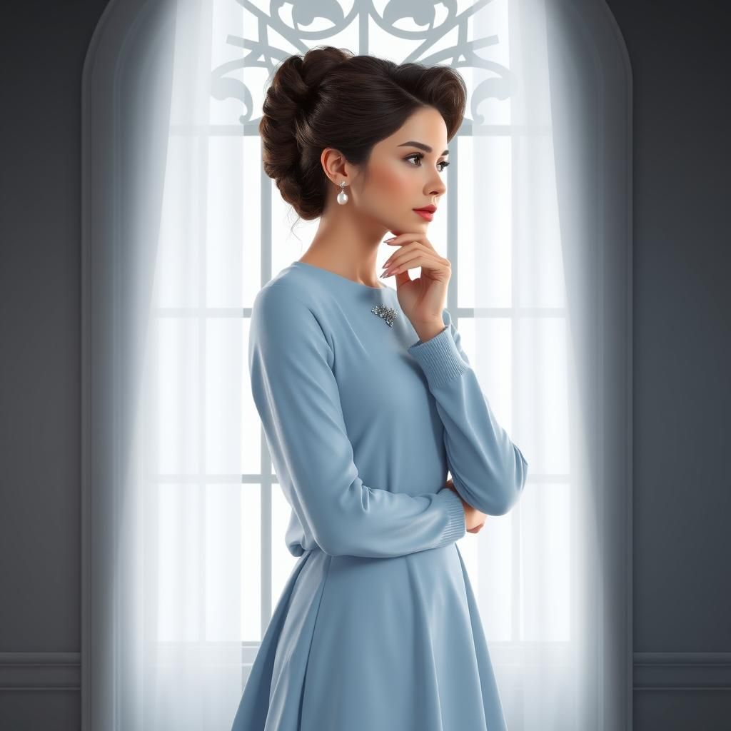 Elegant Woman at Window in Dreamy, Photorealistic Style