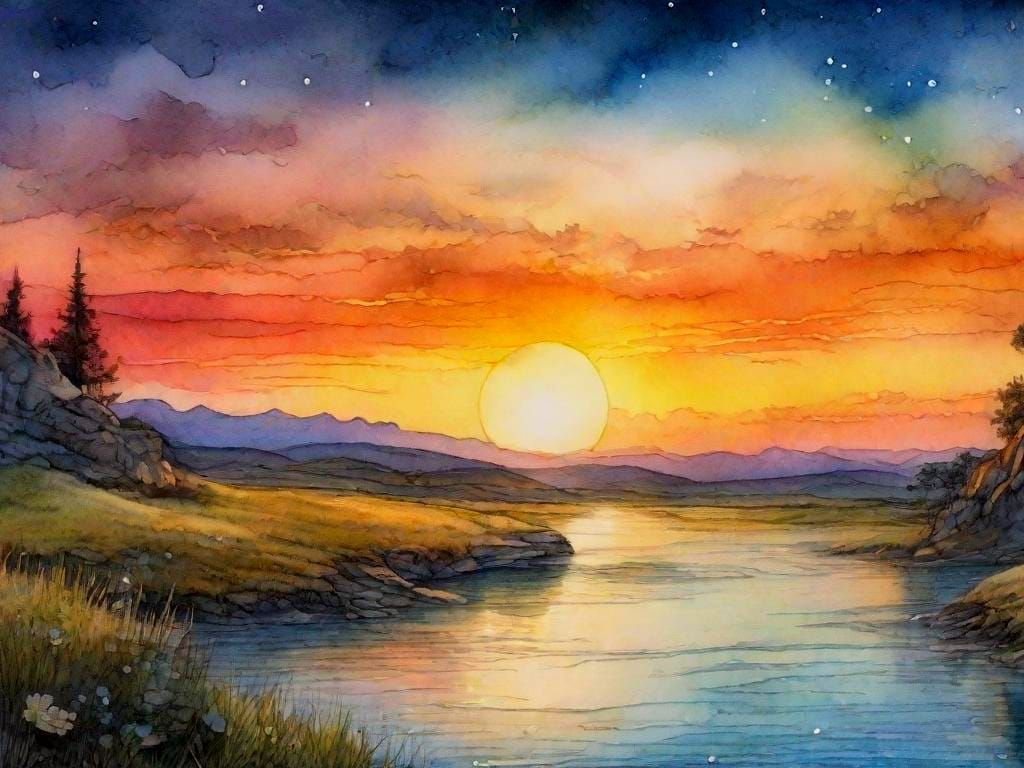 Watercolor River Scene at Sunset in Mixed Media