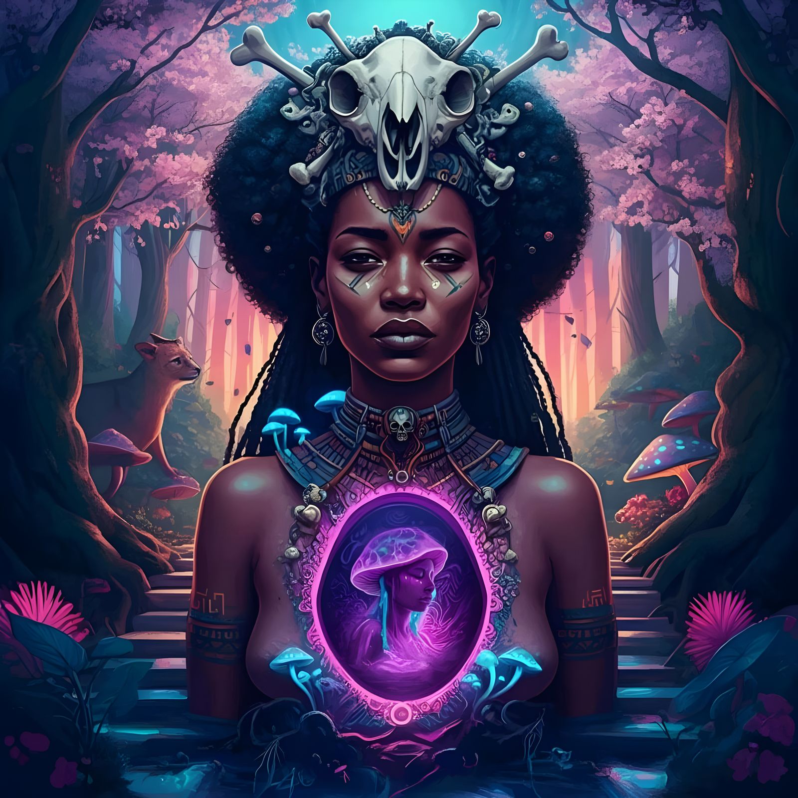 Mystical High Priestess in Psychedelic Neon Forest