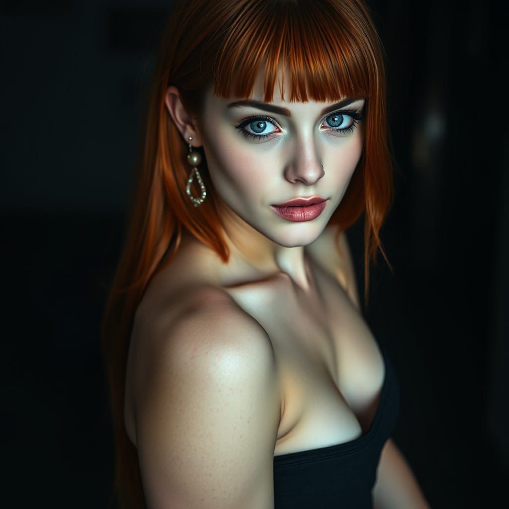 Sultry Redhead with Grey-Blue Eyes, Nose Ring, and Elegant E...