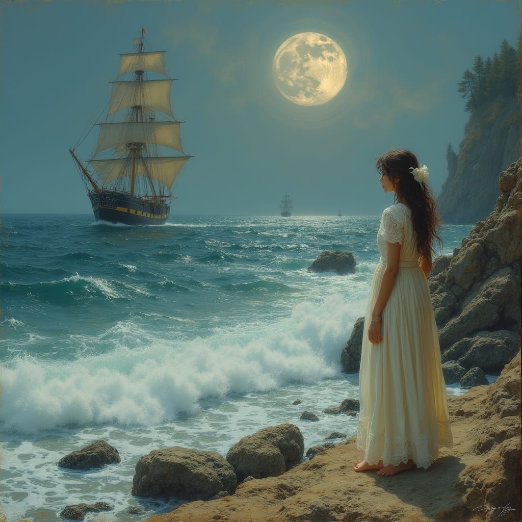 Girl, Ship, and Moonlit Coastline in Romantic Style