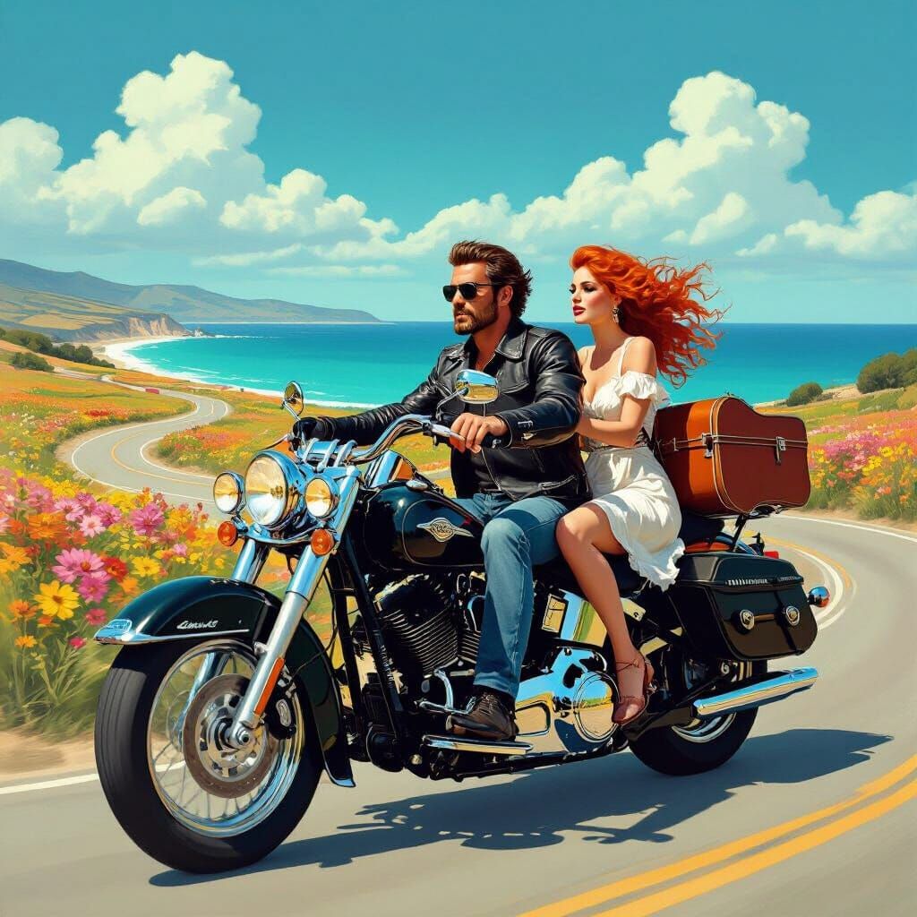 Biker and Redhead on a Harley, Lowbrow Art
