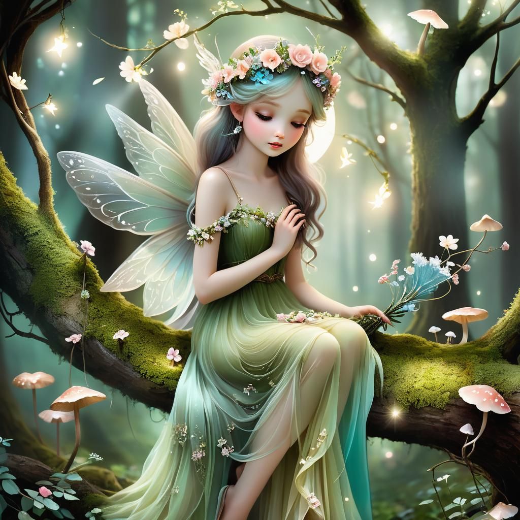 Fairy on Branch in Mystical Watercolor Forest
