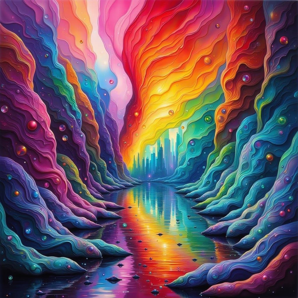 Surrealistic Rainbow Landscape in Dark Glitch Art Style