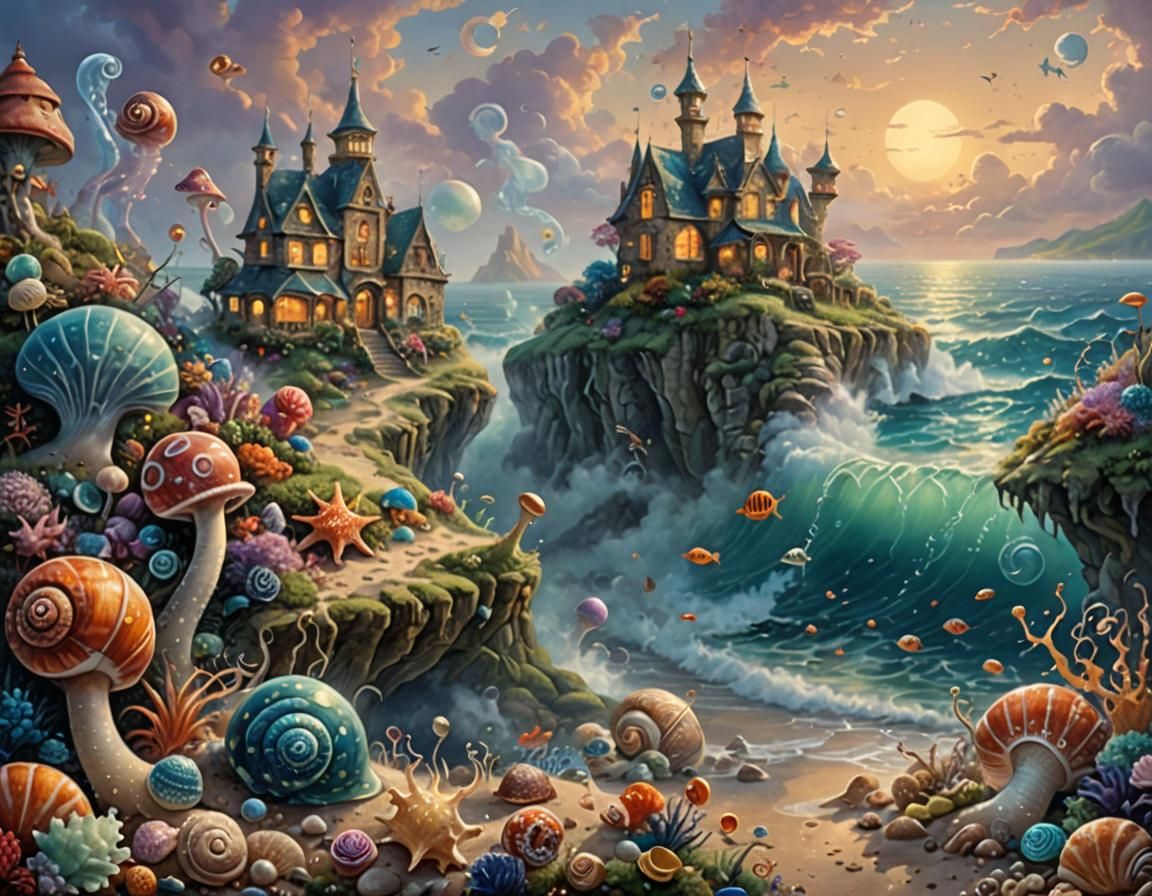 Surreal Shore Landscape with Exotic Sea Creatures