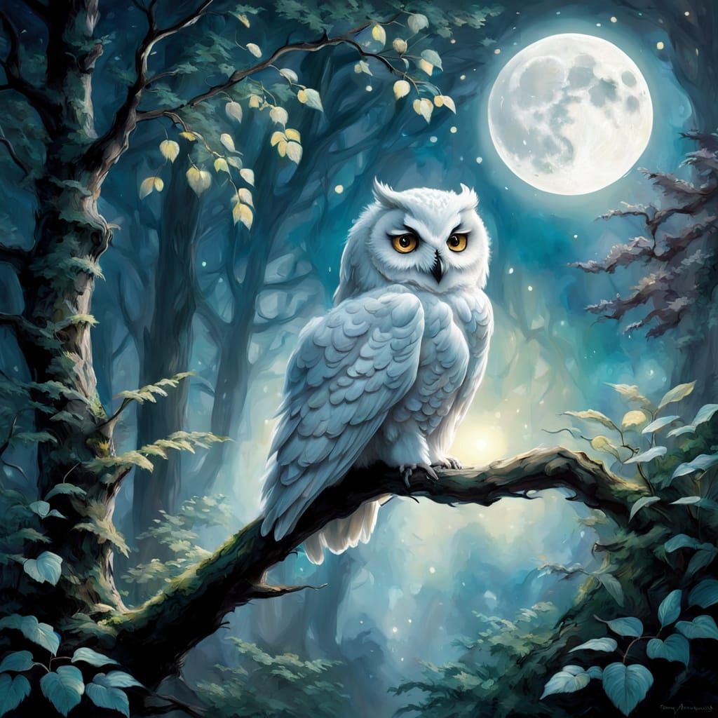 Moonlit Forest Scene with White Owl