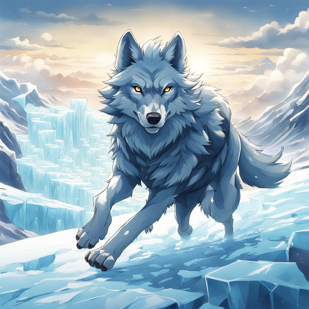 Icy Wolf on Glacier in Anime Style