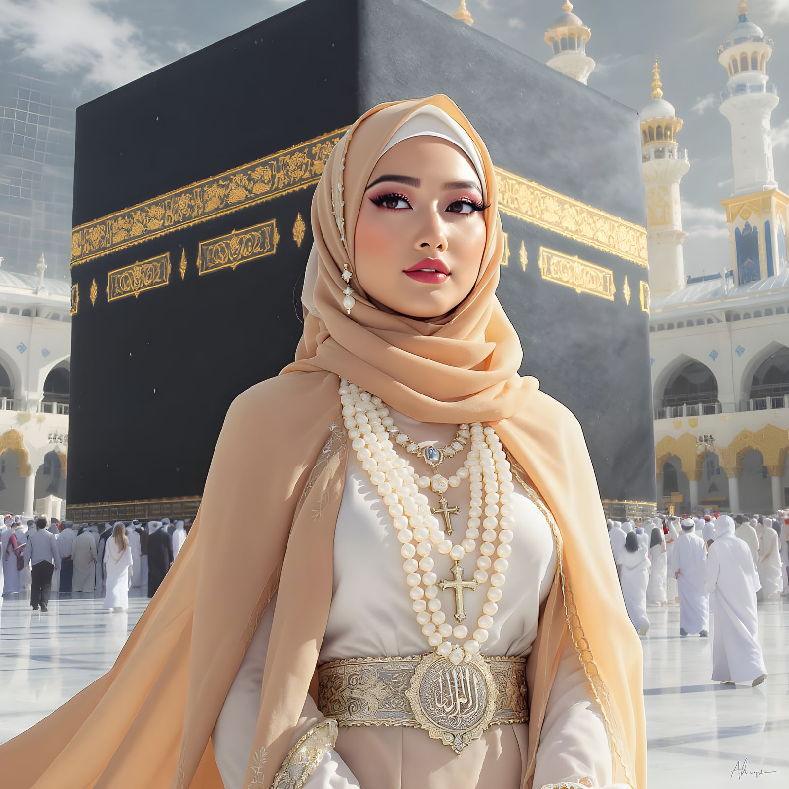 Muslim Woman at Kaaba in Vibrant Digital Art Style