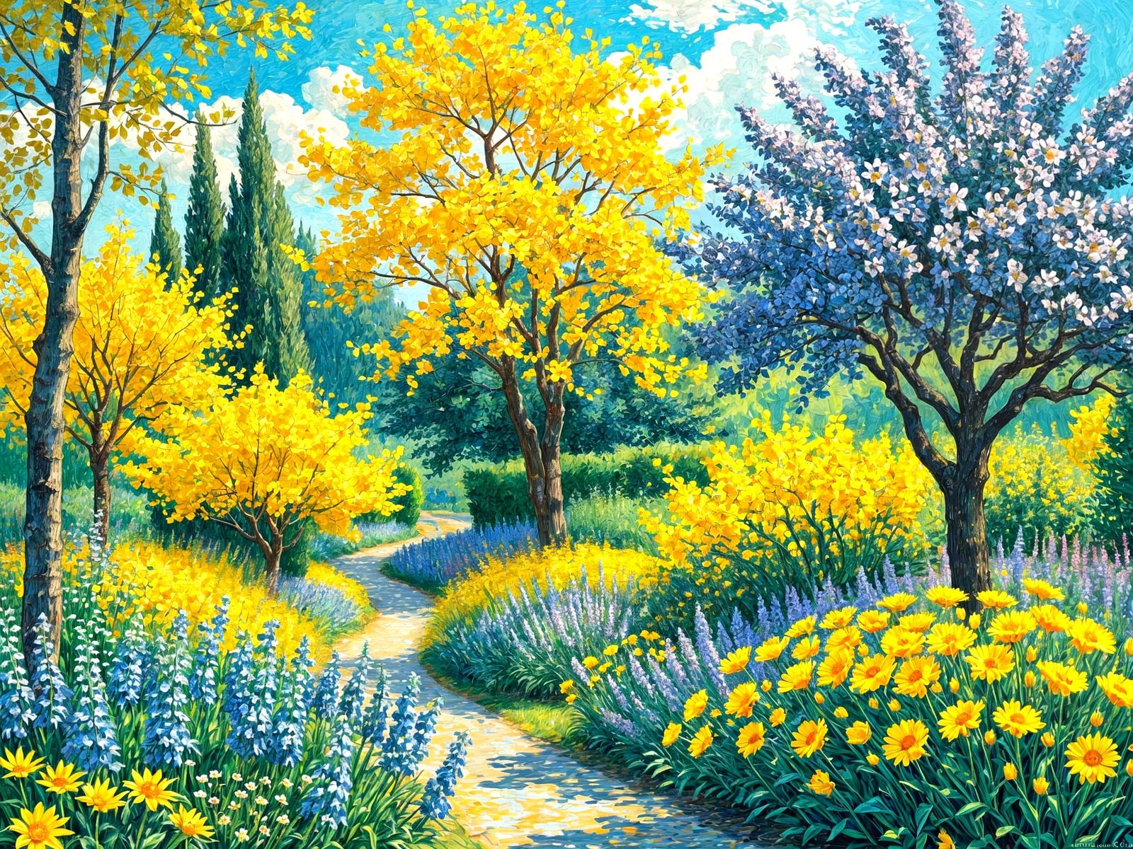 Vivid Garden in Van Gogh Impasto Style