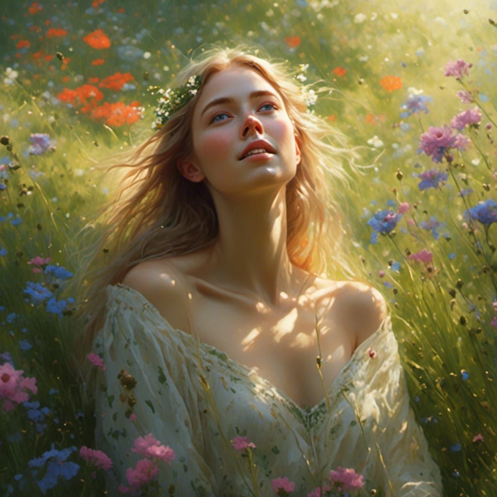 Elf Woman Basking in Sunlight in Lush Meadow