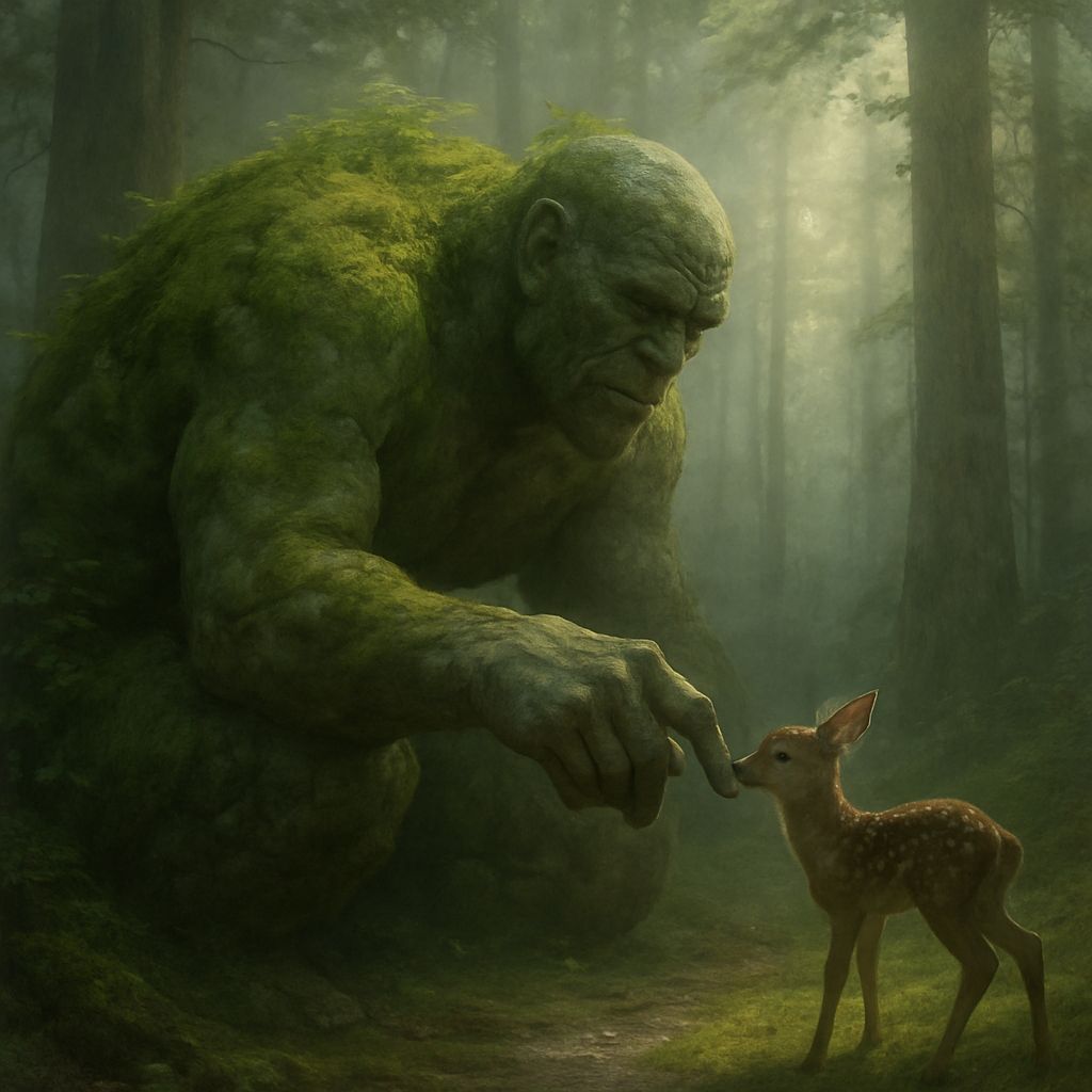 Gentle Giant Tends Fawn in Misty Forest Matte Painting