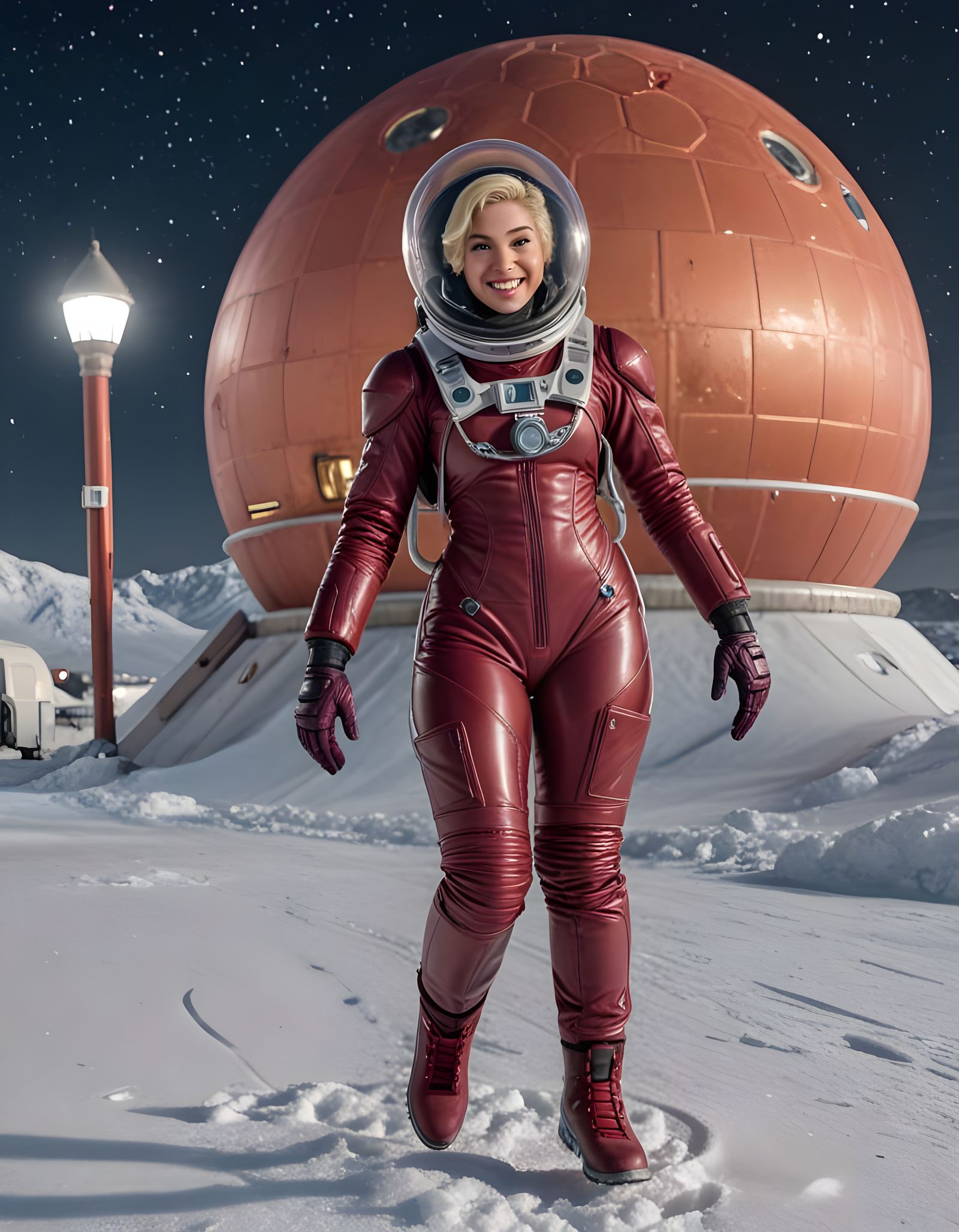 Glamorous Moroccan Astronaut Leaps on Snowy Planet Colony