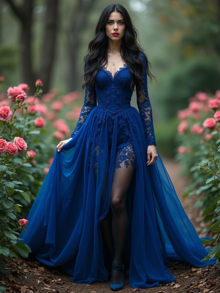 Beautiful Vampiress in Victorian Gown in Rose Garden