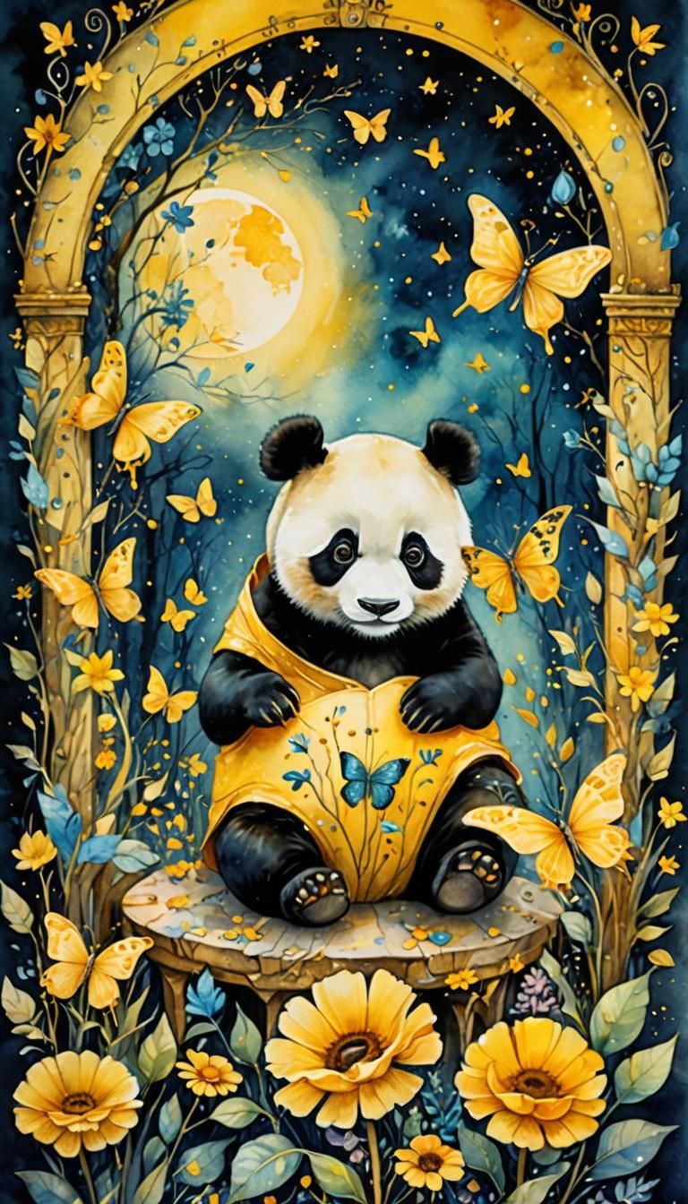 Yellow Dreamscape: Panda Butterfly in Watercolor Style
