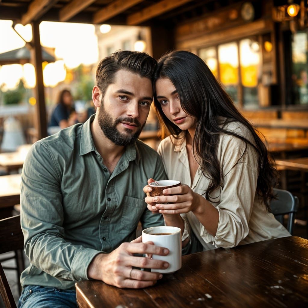 Romantic Cafe Scene at Sunset in Photorealistic Style