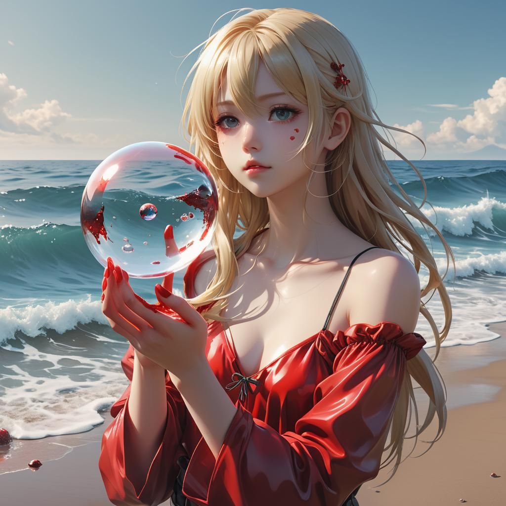 Blond Woman Holding Bubble Reflecting Red Sea