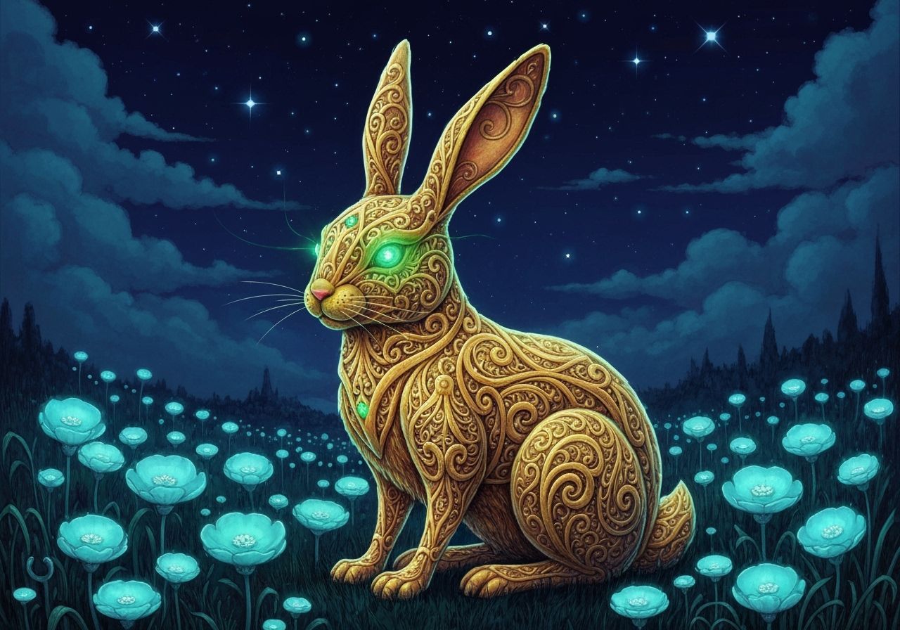 Golden Mystical Rabbit with Emerald Eyes in Bioluminescent F...