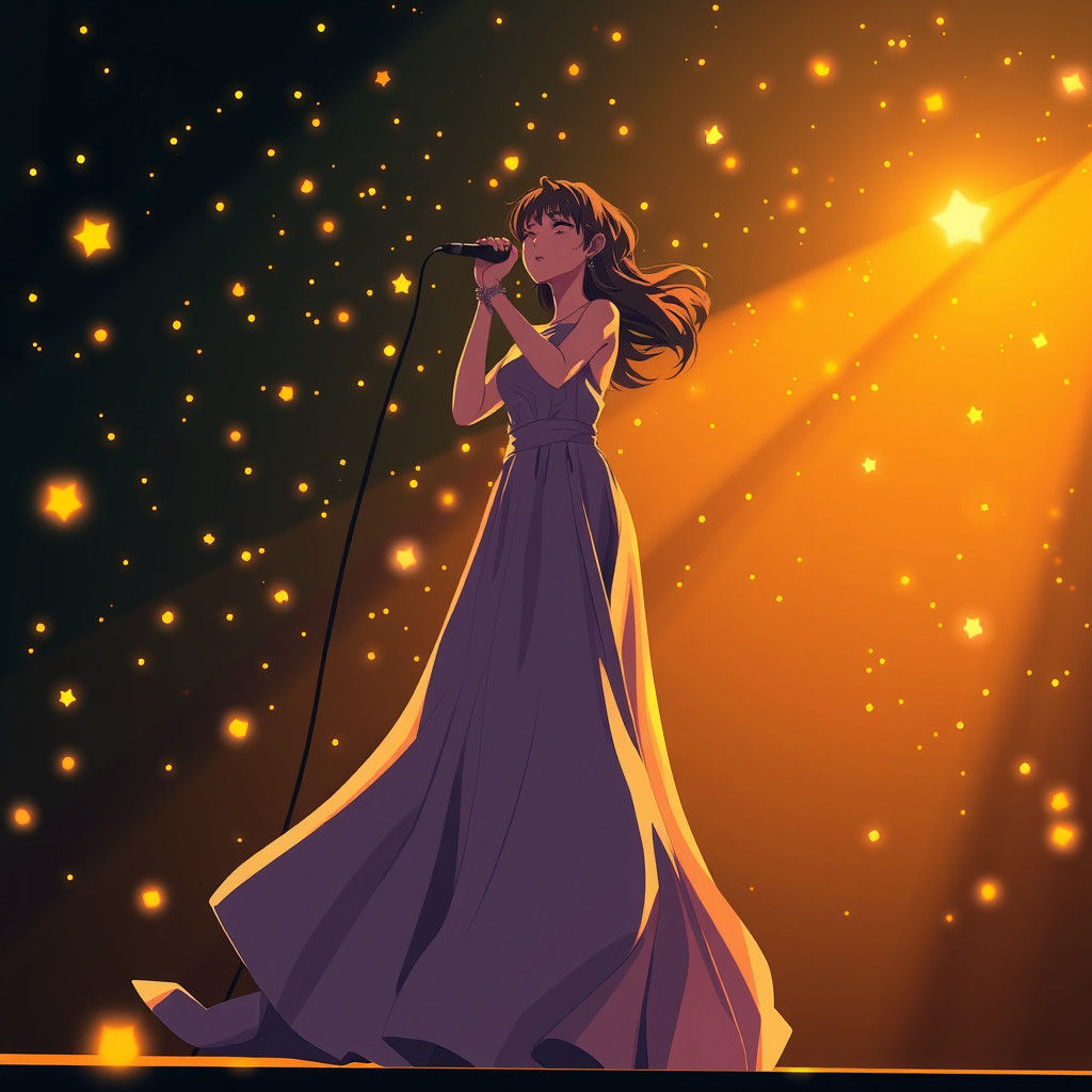 Anime Singer Surrounded by Fireflies