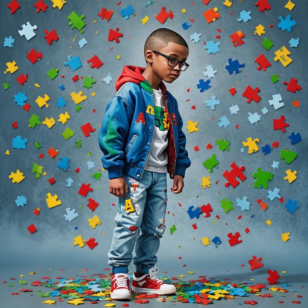 young boy with a buzz cut, standing blue, light blue, green, red, and yellow puzzle piece with splatter smokey backgroun...