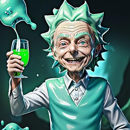 Rick, with a grin, raises a glass filled with slime,
"Morty, my grandson, to another dimension, on a quest for good time...