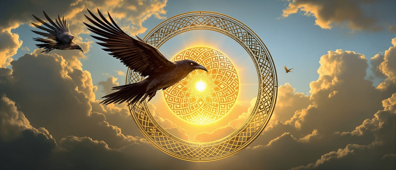 Ravens in Flight with Celtic Knotwork Sun