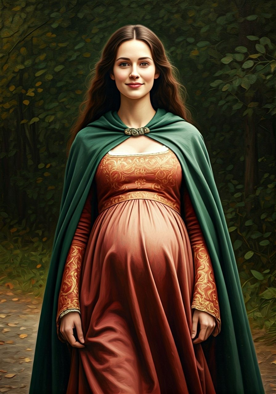 Medieval Pregnant Woman Walking in Woods Oil Painting