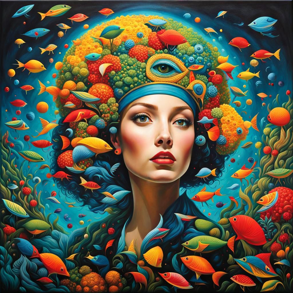 Rainbow-Haired Woman with Whiskey, Psychedelic Surrealism