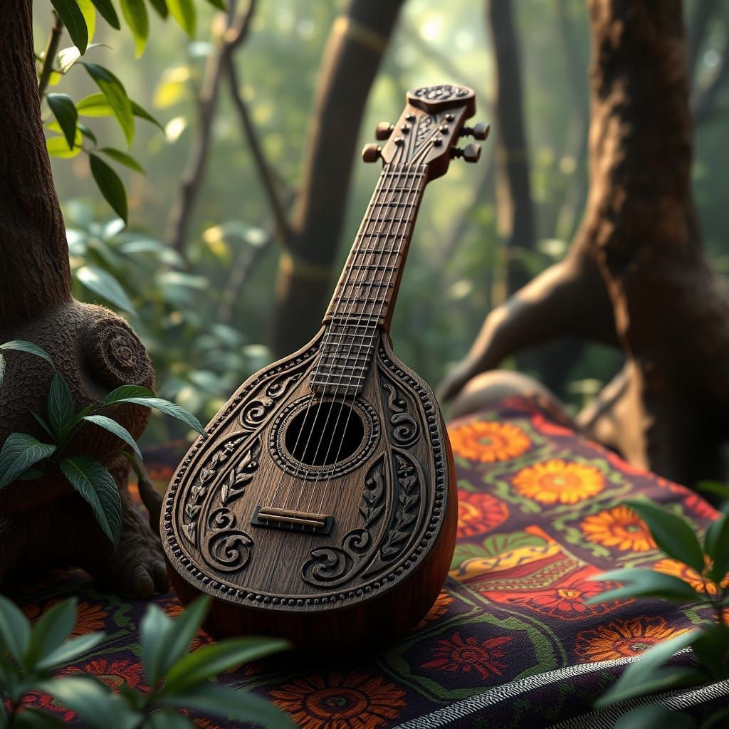African Nyatiti Instrument in Vibrant, Ancient Forest Settin...