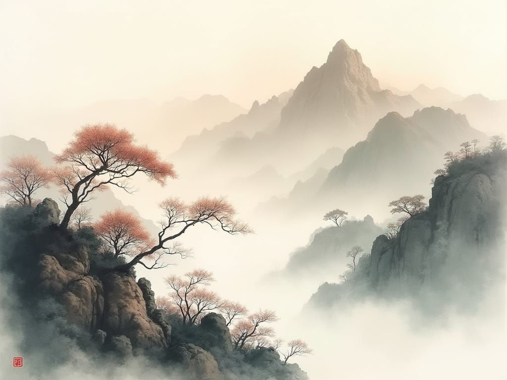 Tranquil Chinese Mountains in Ink Wash Style