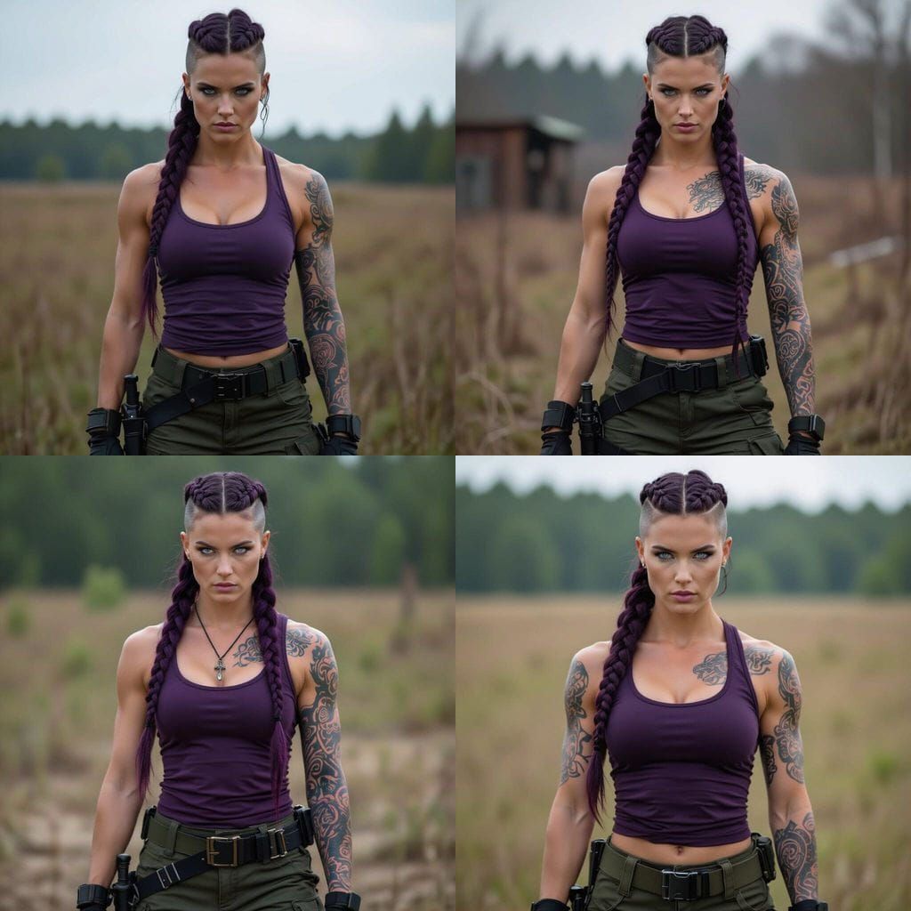 Fierce Woman in Viking Braid and Military Gear