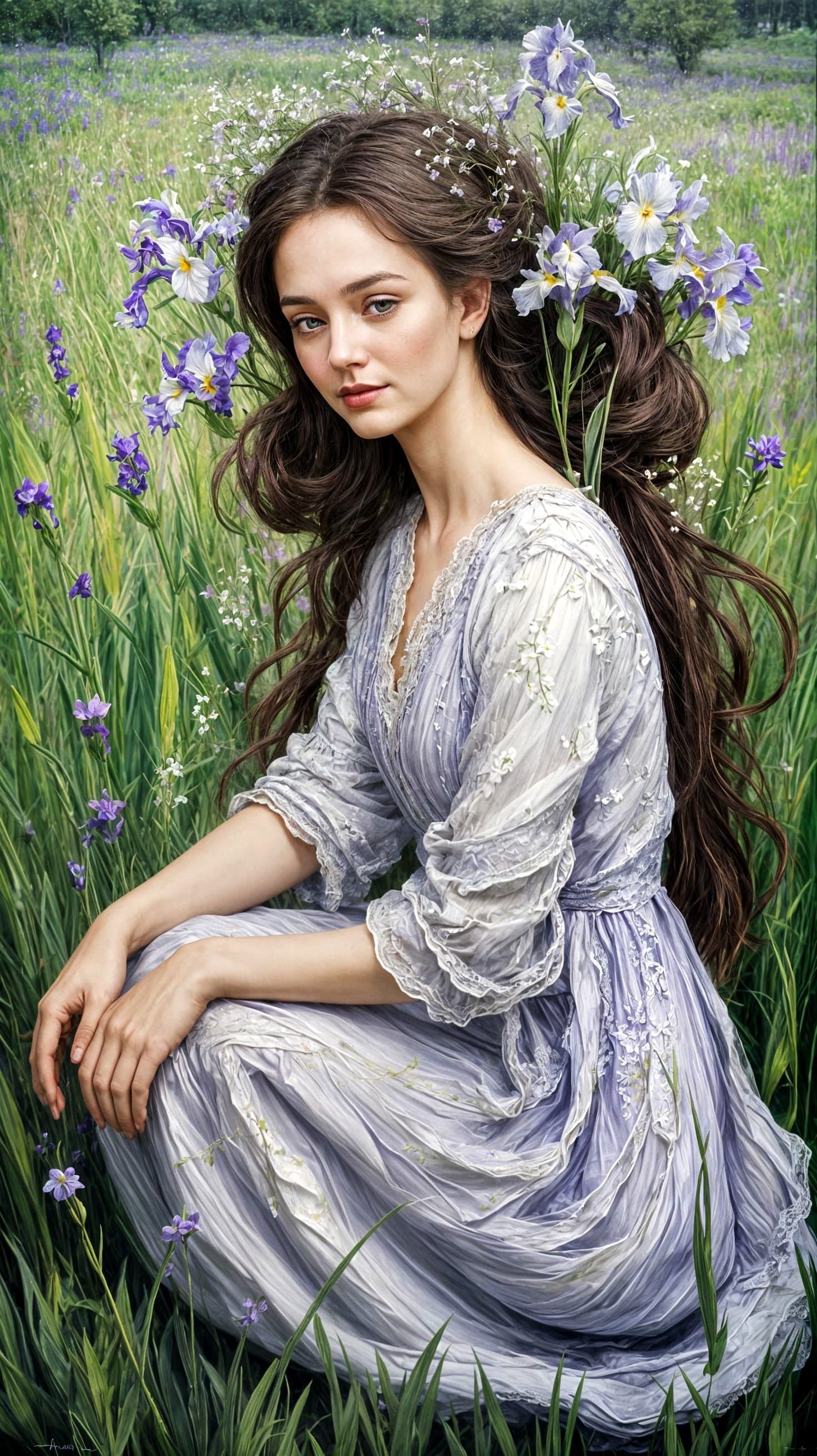 Ethereal Woman in Meadow: Impressionistic Oil Painting